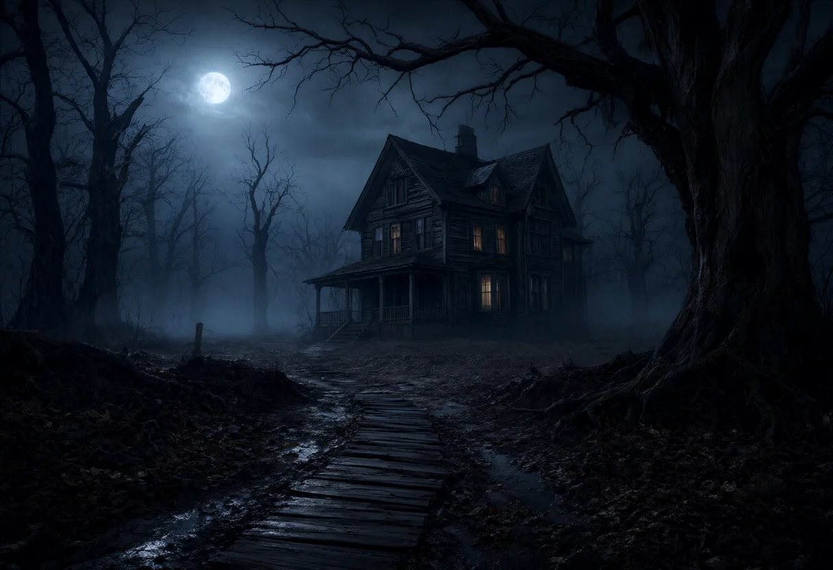 An old haunted house with glowing windows and a wooden path surrounded by a dark foggy forest. (AI-generated)