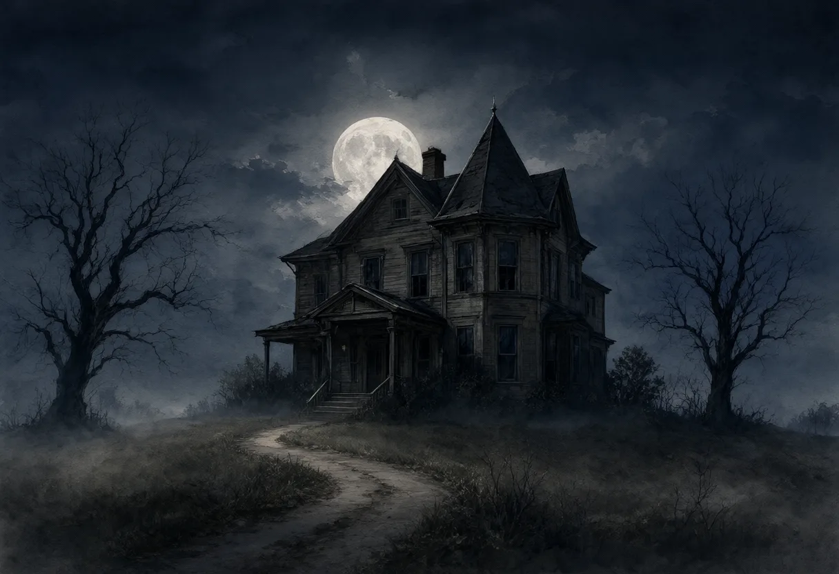 Dark abandoned mansion beneath a full moon with dead trees and a misty path. (AI-generated)