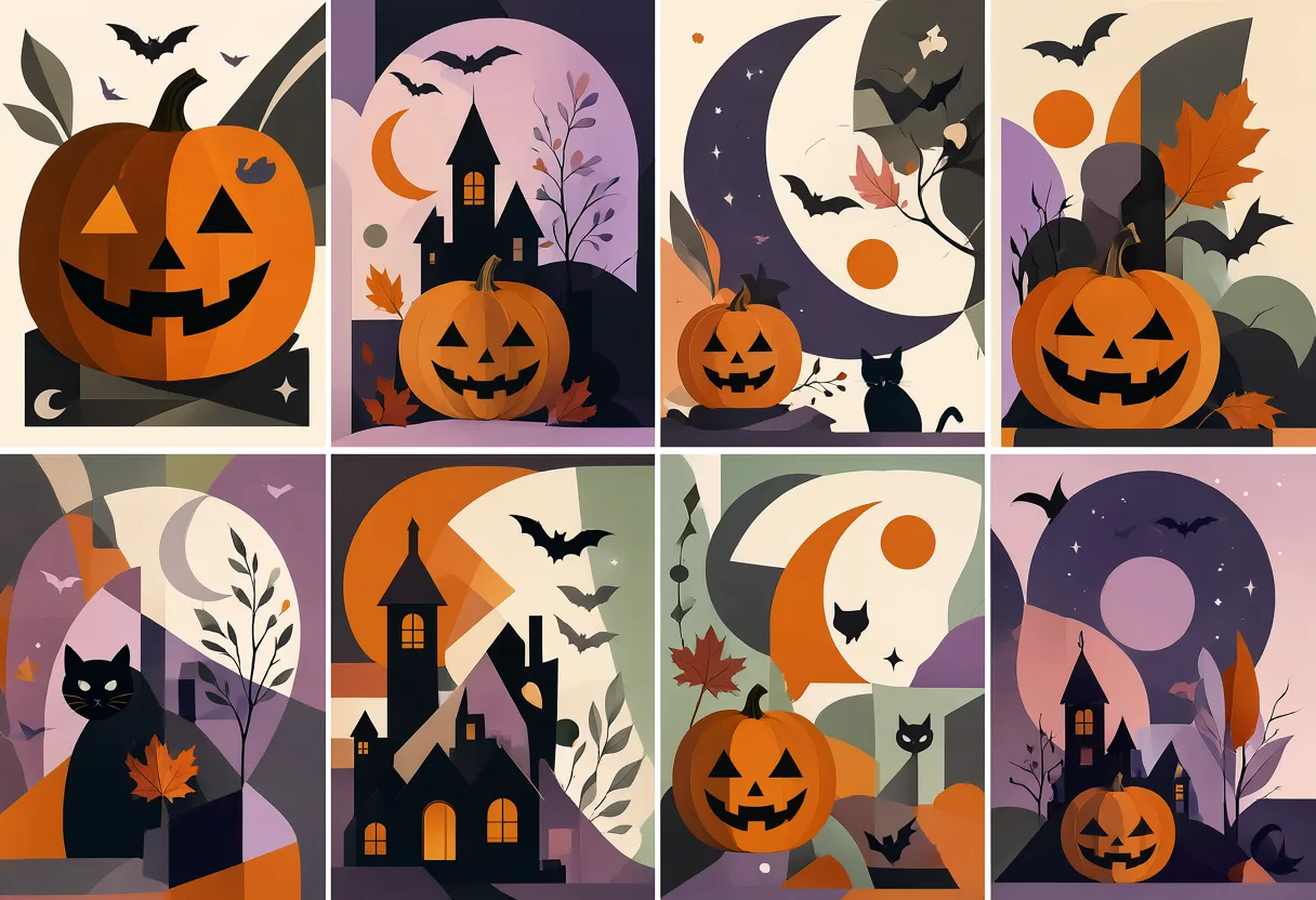 A fantasy Halloween world with floating islands, glowing pumpkins, winding staircases, haunted structures, and a large crescent moon. (AI-generated)