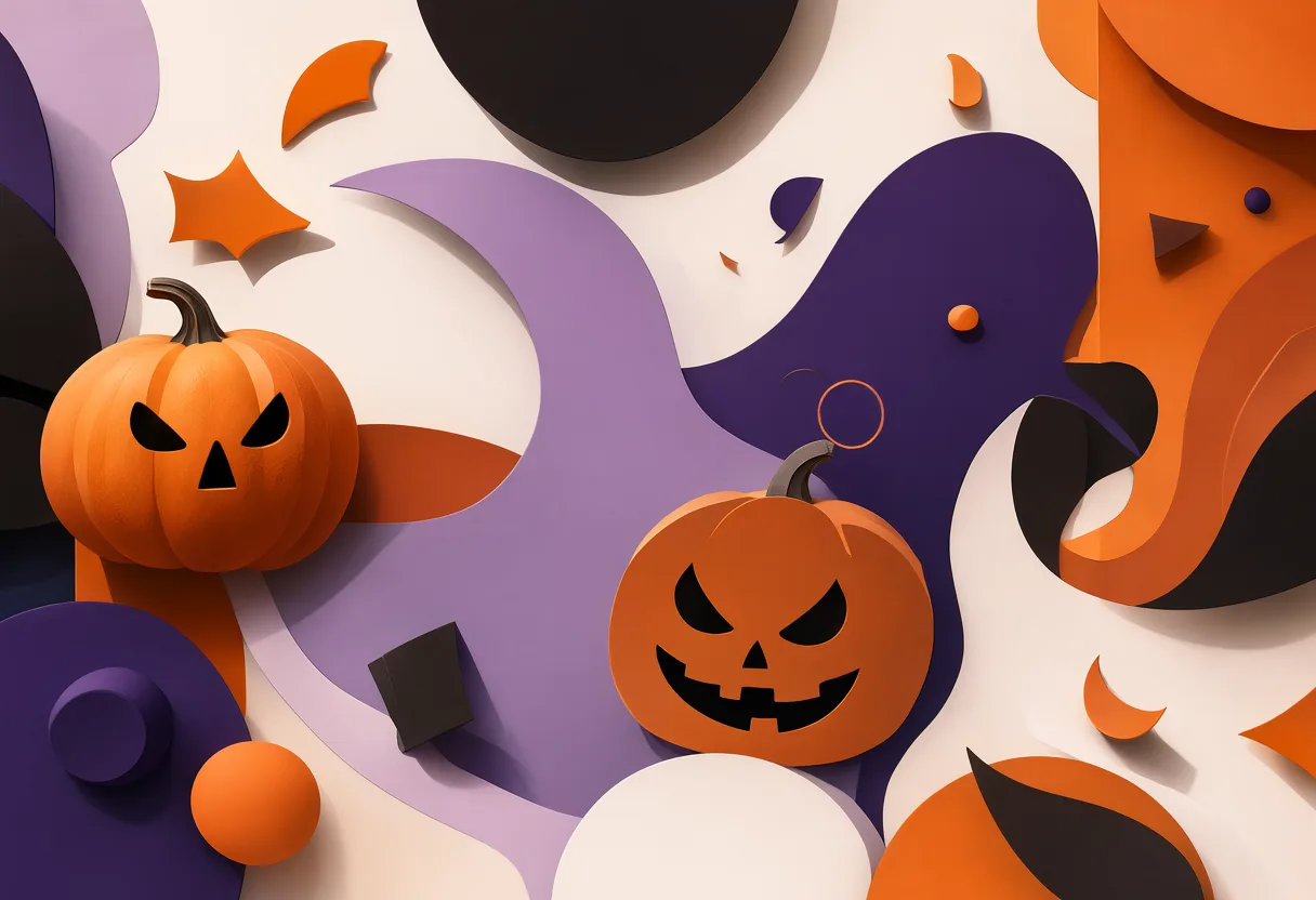 A dark purple Halloween background with glowing pumpkins, autumn leaves, and candles arranged in the lower corners, leaving empty space in the center. (AI-generated)