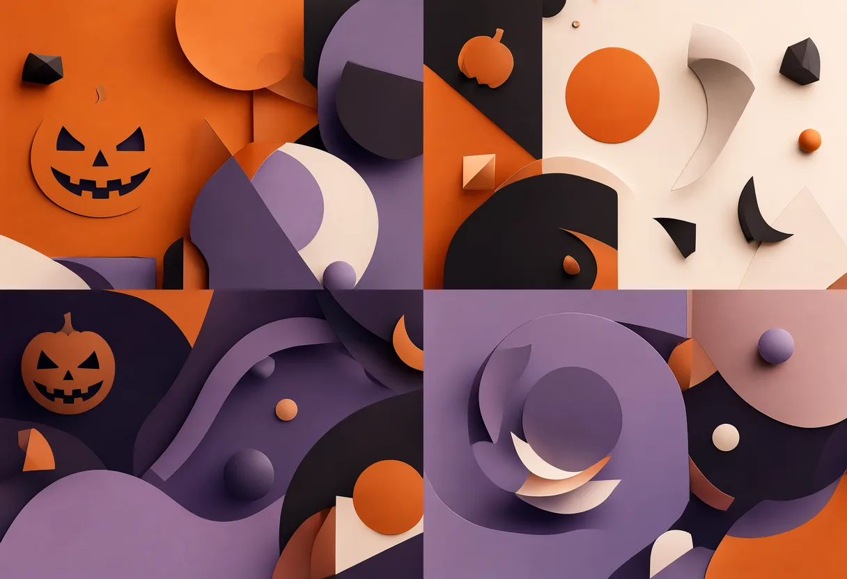 A grid of geometric Halloween artwork featuring pumpkins, bats, moons, and abstract shapes in autumn colors. (AI-generated)