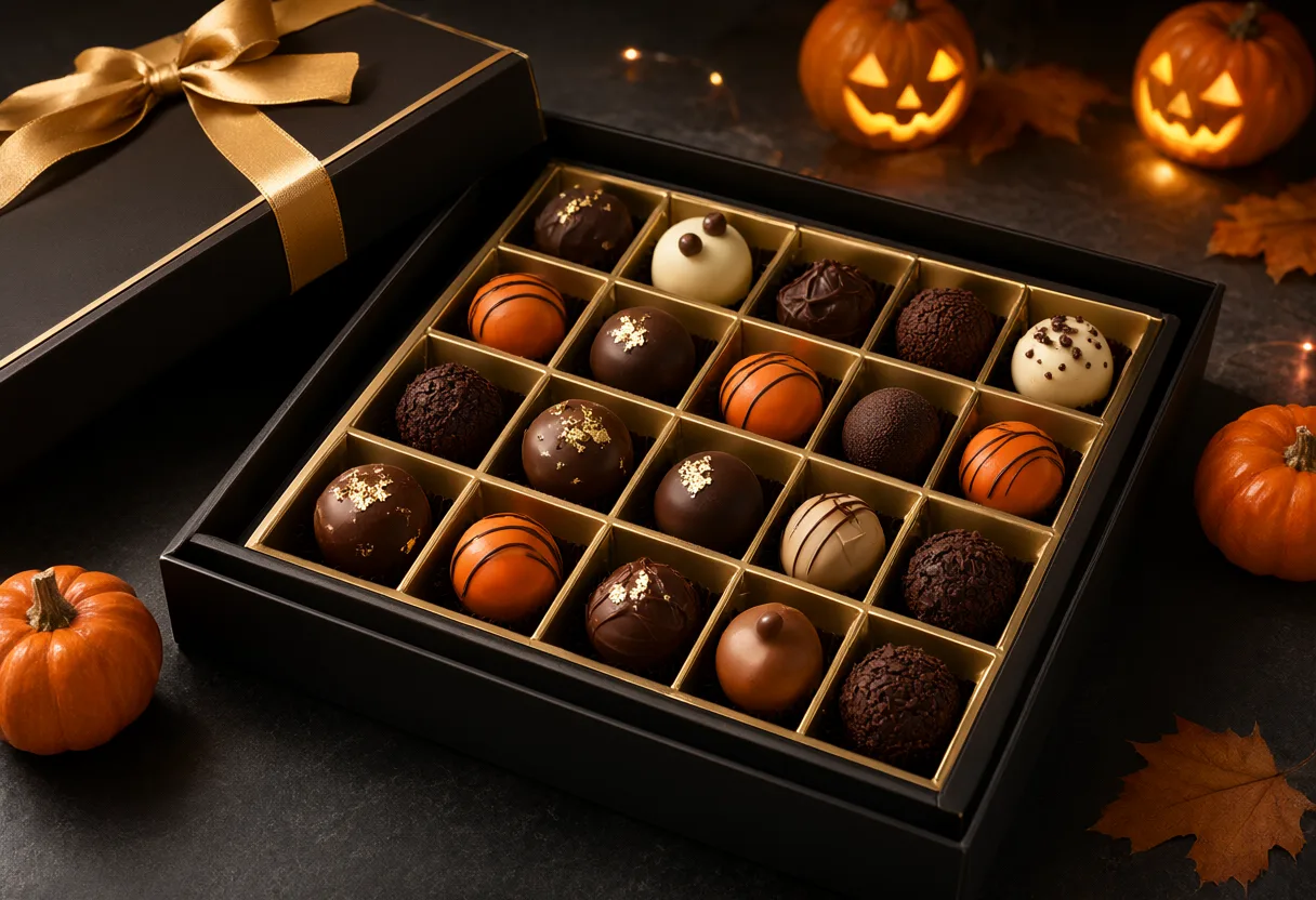 A black and gold gift box tied with a satin ribbon and filled with assorted chocolates, surrounded by glowing jack-o'-lanterns and autumn leaves. (AI-generated)