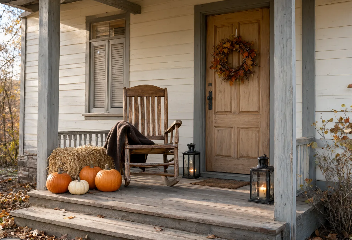 A rustic farmhouse porch with a wooden rocking chair, pumpkins, an autumn wreath on the front door, hay bales, and glowing lanterns. (AI-generated)