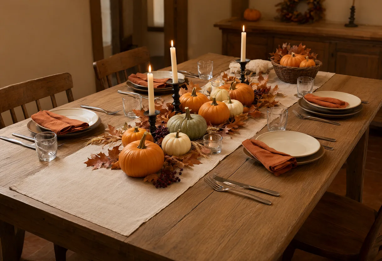 A rustic wooden dining table decorated with pumpkins, autumn leaves, lit candles, ceramic plates, and folded napkins for a Halloween dinner. (AI-generated)