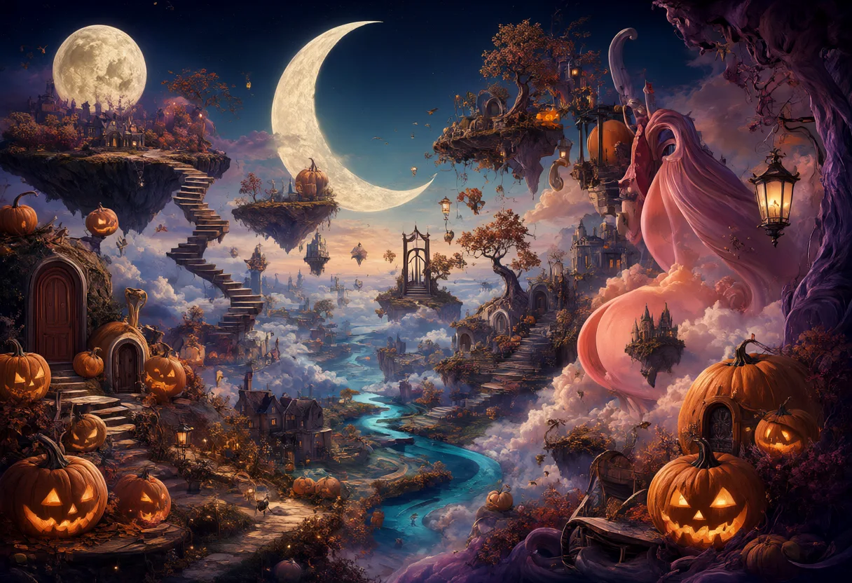 A surreal Halloween fantasy landscape with floating islands, winding staircases, glowing pumpkins, a giant crescent moon, and purple clouds. (AI-generated)