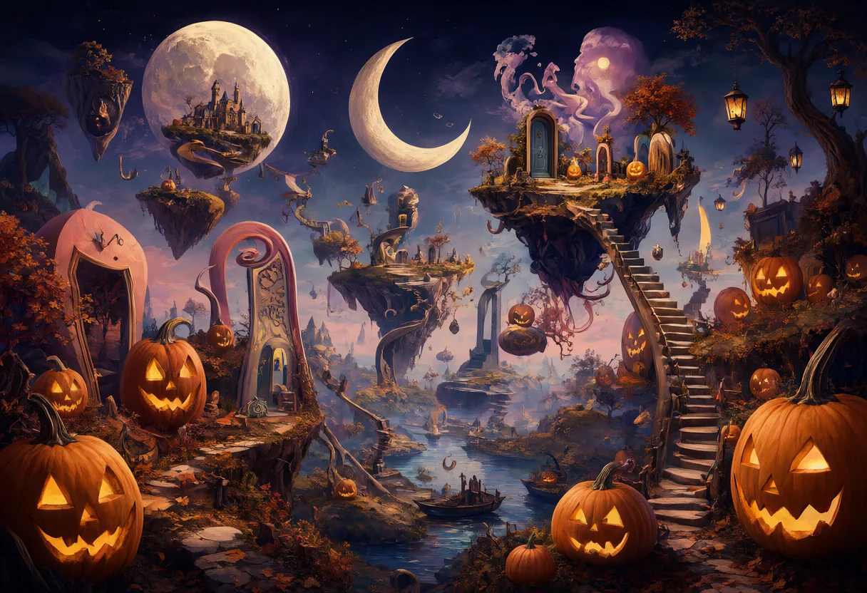 A fantasy Halloween world with floating islands, glowing pumpkins, crescent moons, winding staircases, and mysterious castles under a starry night sky. (AI-generated)