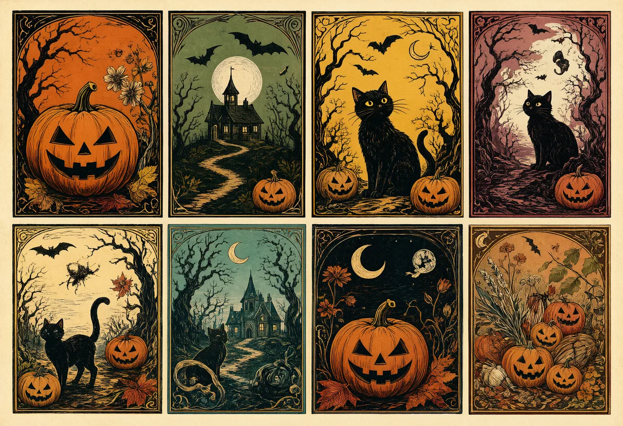 Eight framed Halloween illustrations featuring jack-o'-lanterns, black cats, haunted houses, bats, and eerie trees in vintage gothic colors. (AI-generated)