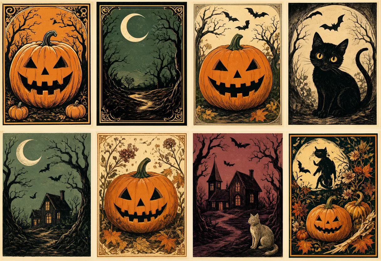 A collection of eight vintage Halloween posters featuring pumpkins, black cats, haunted houses, bats, and moonlit forests in muted autumn colors. (AI-generated)