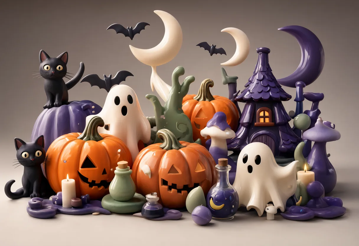 A 3D Halloween collection featuring orange pumpkins, white ghosts, black cats, purple miniature houses, crescent moons, mushrooms, potion bottles, and candles on a beige background. (AI-generated)