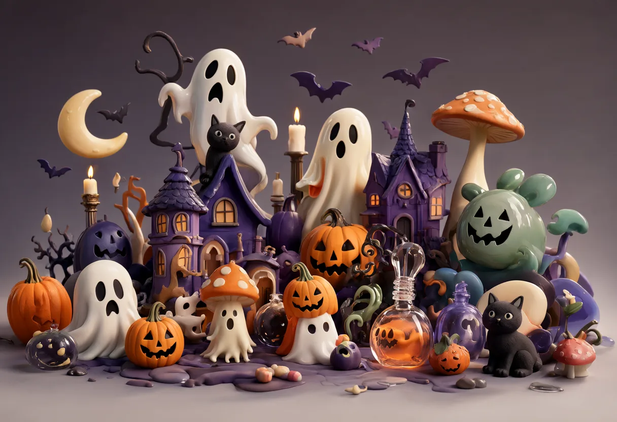 A colorful 3D Halloween miniature featuring white ghosts, orange pumpkins, purple haunted houses, black cats, potion bottles, mushrooms, bats, and lit candles. (AI-generated)