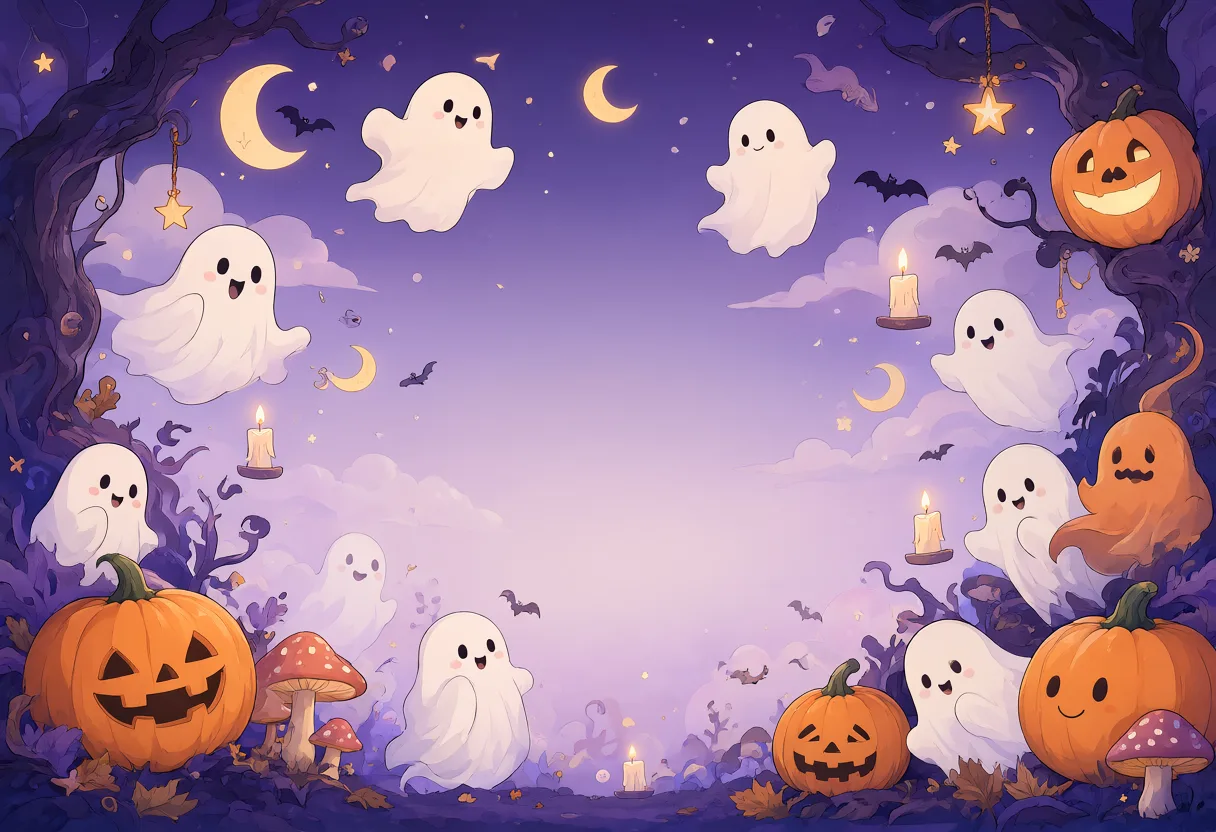 Cute white ghosts, orange pumpkins, bats, candles, and mushrooms decorate the edges of a purple Halloween background with open space in the center. (AI-generated)