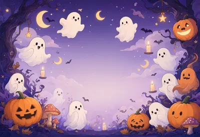 Cute Halloween Ghosts and Pumpkins with Purple Spooky Border (AI-generated)