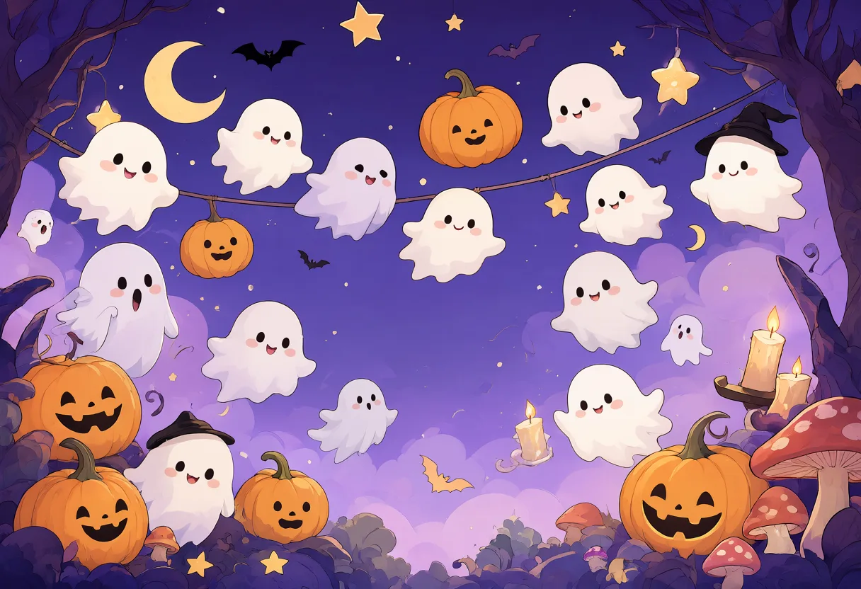 Smiling white cartoon ghosts and orange jack-o'-lanterns float among stars, bats, crescent moons, and candles on a purple Halloween night background. (AI-generated)