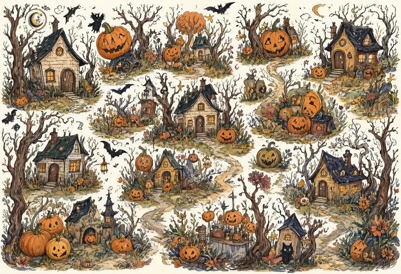A detailed Halloween village illustration with crooked cottages, carved pumpkins, twisted trees, flying bats, and crescent moons scattered across a cream background. (AI-generated)