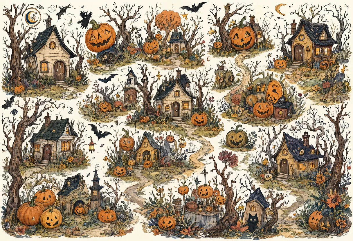 A detailed Halloween village illustration with crooked cottages, carved pumpkins, twisted trees, flying bats, and crescent moons scattered across a cream background. (AI-generated)