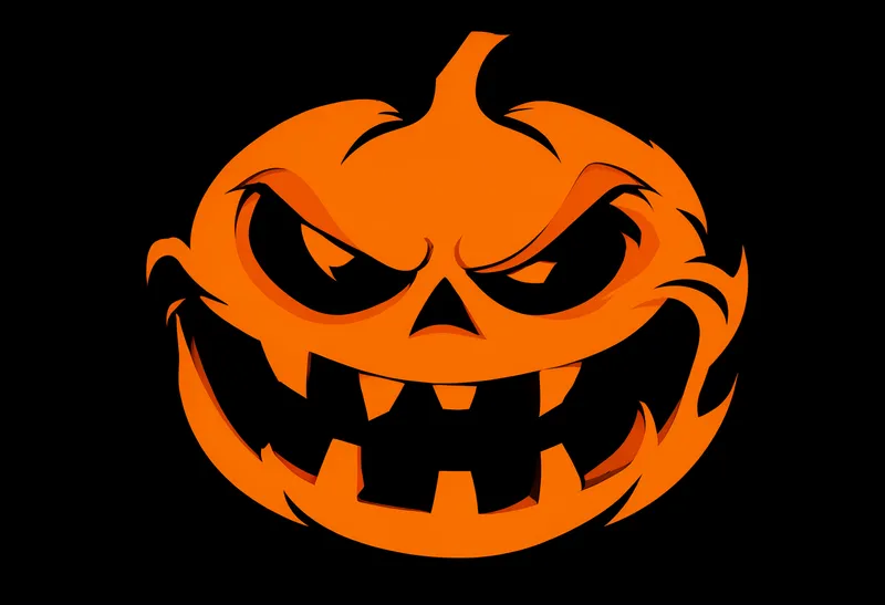 A stylized orange pumpkin face with narrowed black eyes and a wide grin filled with large jagged teeth against a black background. (AI-generated)