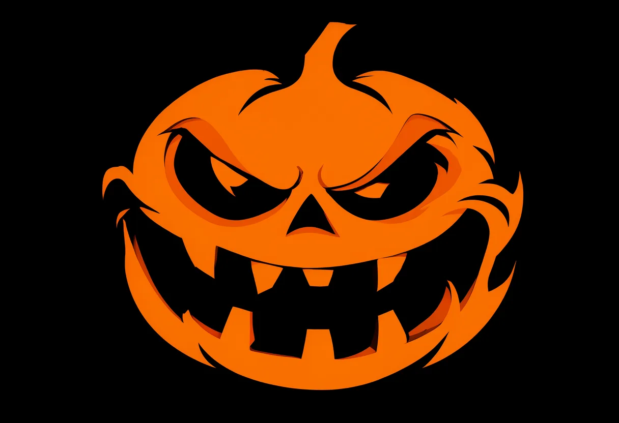 A stylized orange pumpkin face with narrowed black eyes and a wide grin filled with large jagged teeth against a black background. (AI-generated)