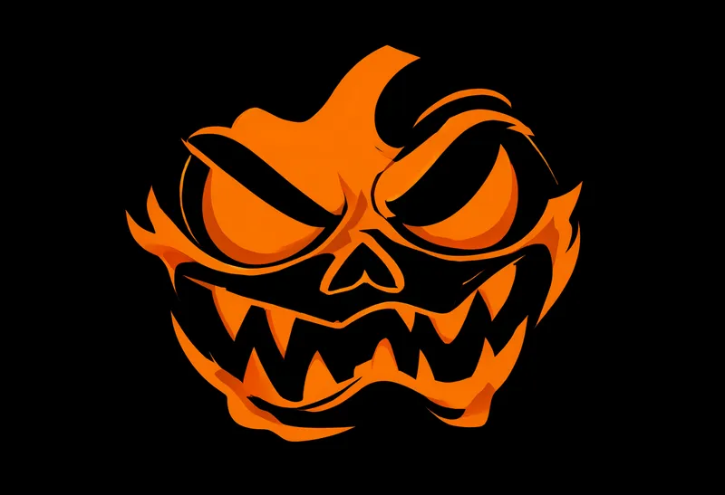 A stylized orange jack-o'-lantern face with slanted black eyes, a triangular nose, and sharp jagged teeth on a black background. (AI-generated)