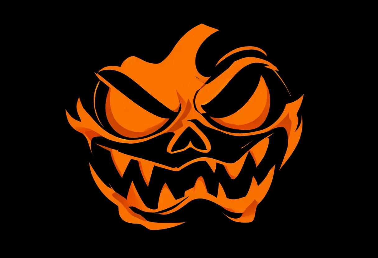A stylized orange jack-o'-lantern face with slanted black eyes, a triangular nose, and sharp jagged teeth on a black background. (AI-generated)