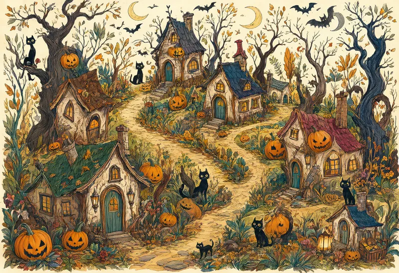 An illustrated Halloween village with crooked cottages, glowing jack-o'-lanterns, black cats, twisted trees, bats, and crescent moons. (AI-generated)