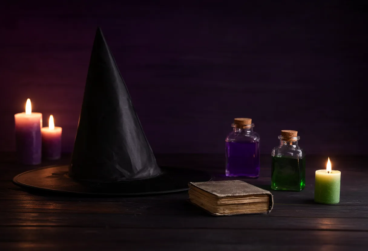 A black pointed witch hat, a small old book, purple and green potion bottles, and lit candles on a dark wooden table. (AI-generated)