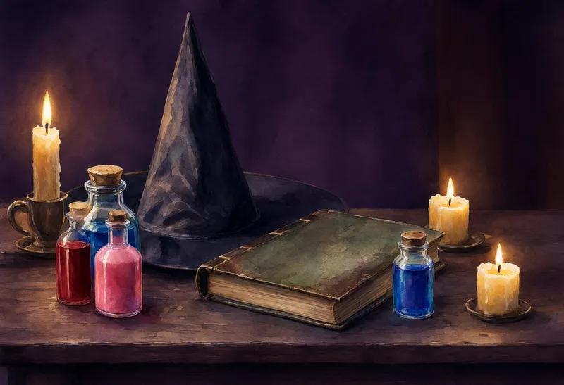 A black witch hat, an old spellbook, colorful potion bottles, and three lit candles arranged on a wooden table. (AI-generated)