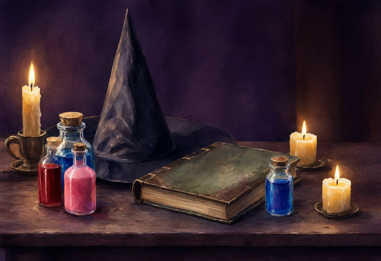 A black witch hat, an old spellbook, colorful potion bottles, and three lit candles arranged on a wooden table. (AI-generated)