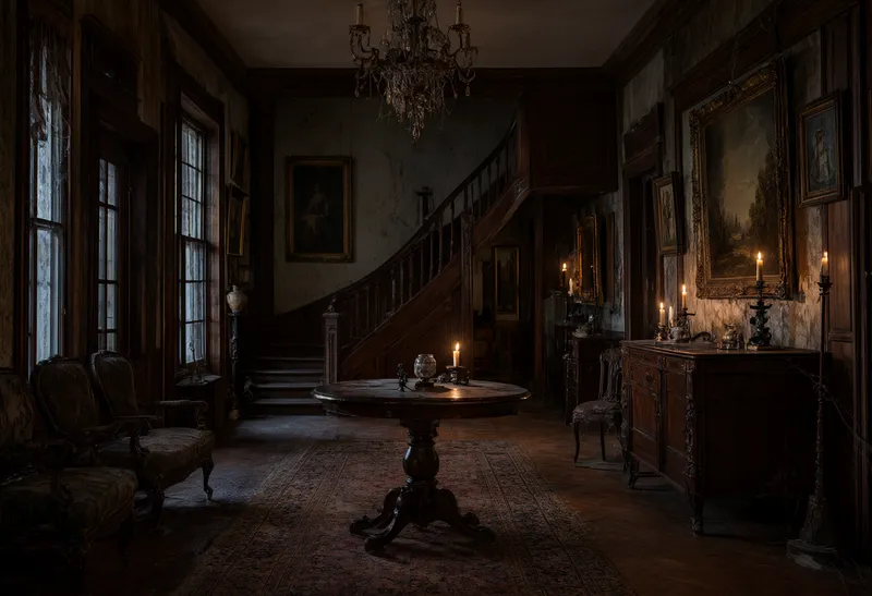A dim vintage mansion interior with a grand wooden staircase, antique furniture, framed paintings, and candlelight. (AI-generated)