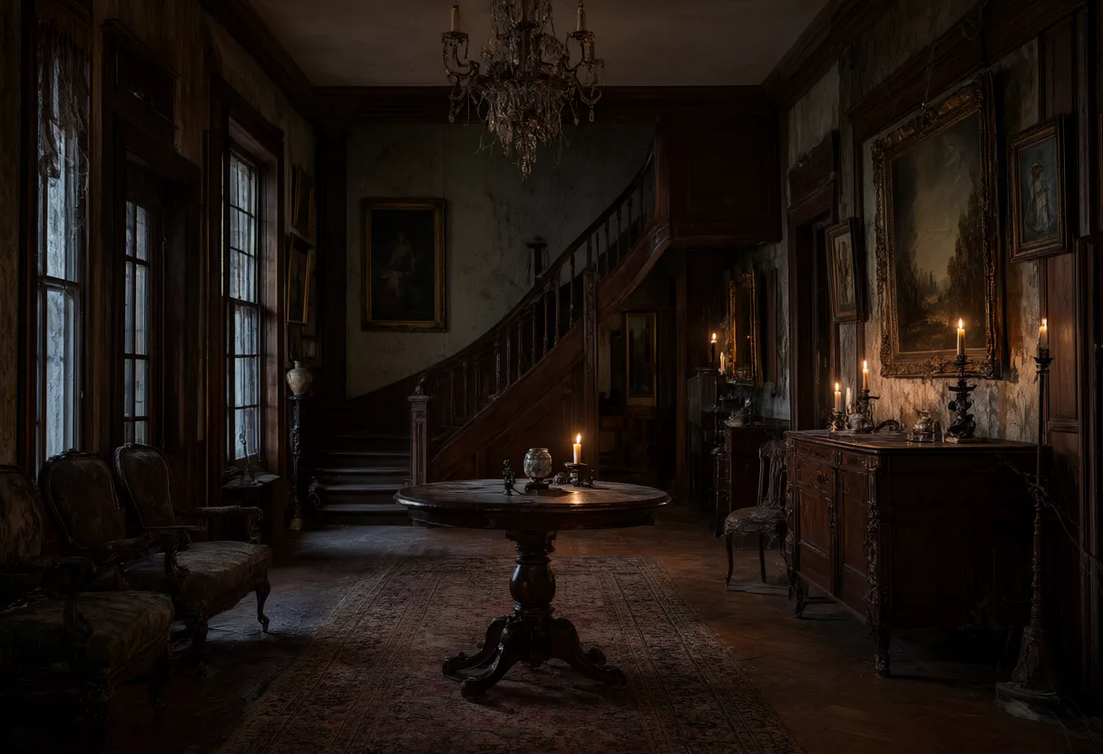 A dim vintage mansion interior with a grand wooden staircase, antique furniture, framed paintings, and candlelight. (AI-generated)