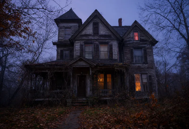 An abandoned wooden house with glowing windows surrounded by bare trees at twilight. (AI-generated)