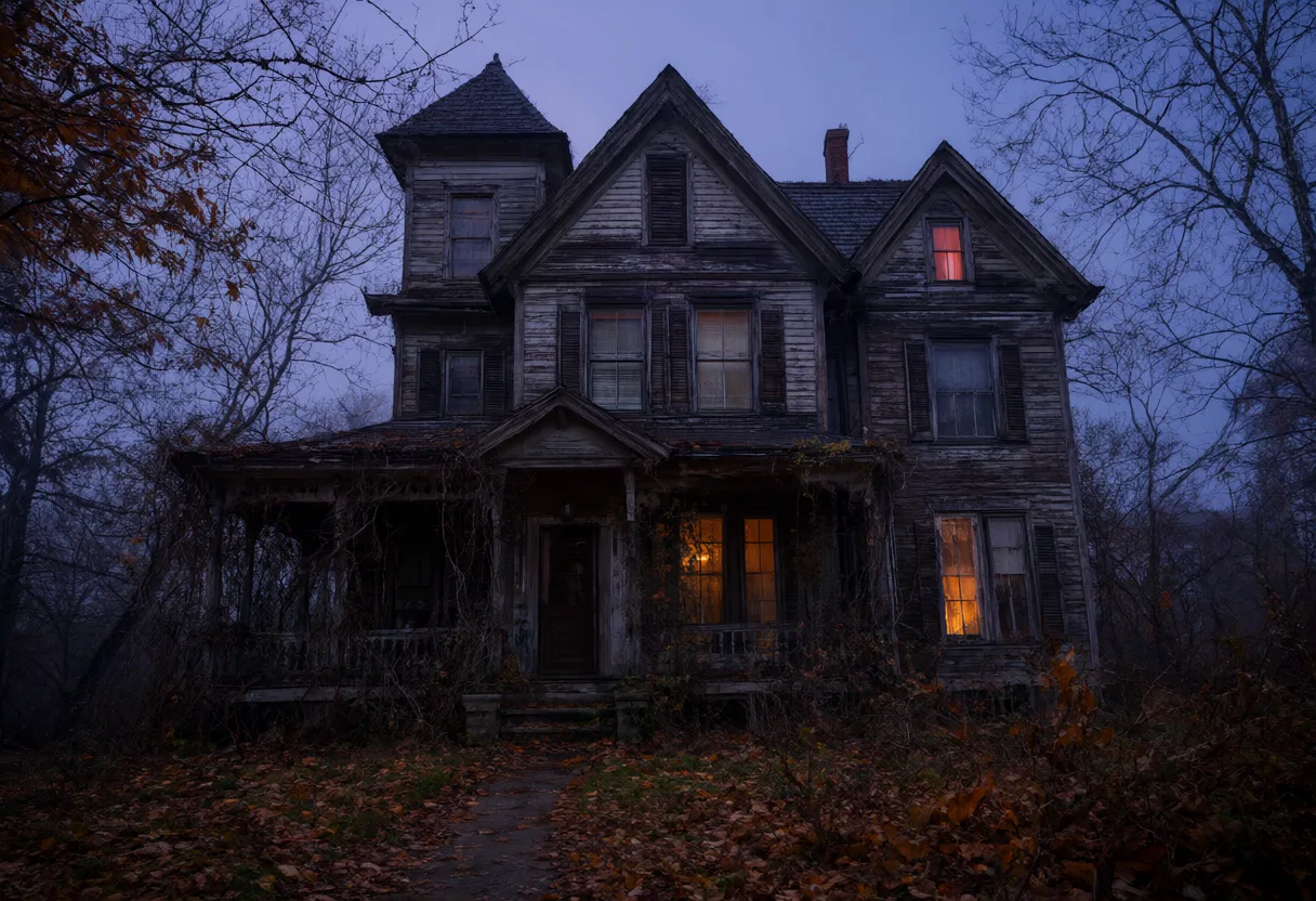 An abandoned wooden house with glowing windows surrounded by bare trees at twilight. (AI-generated)