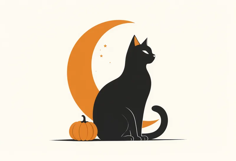 Black cat silhouette with bright eyes sitting beside an orange pumpkin in front of a crescent moon. (AI-generated)