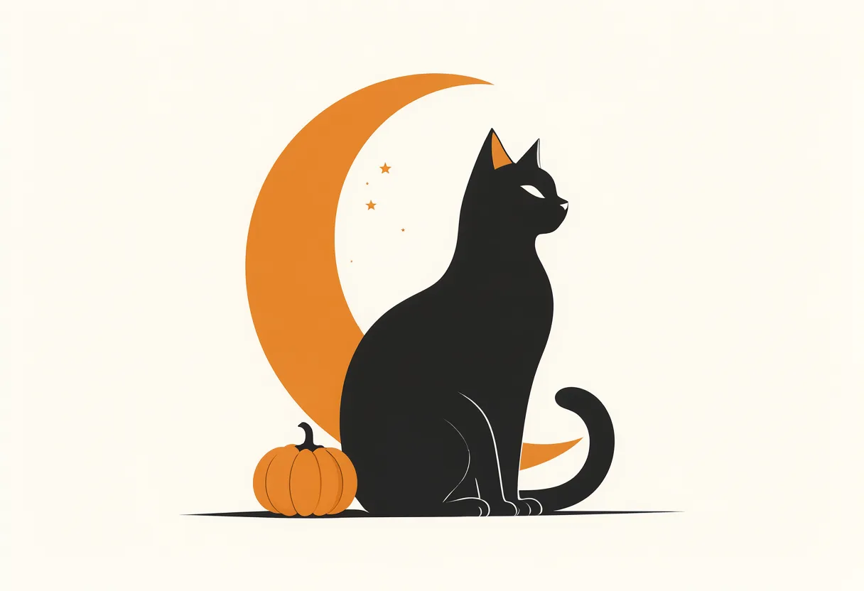 Black cat silhouette with bright eyes sitting beside an orange pumpkin in front of a crescent moon. (AI-generated)