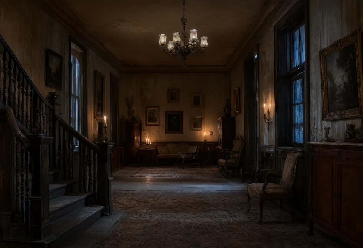 A dark vintage mansion hallway with a wooden staircase, antique furniture, paintings, and candles. (AI-generated)