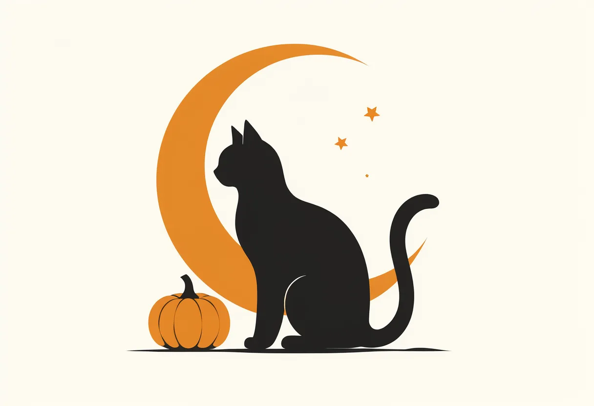 Black cat silhouette with an orange crescent moon, small pumpkin, and stars on a cream background. (AI-generated)