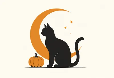 Black Cat and Crescent Moon Halloween Silhouette (AI-generated)