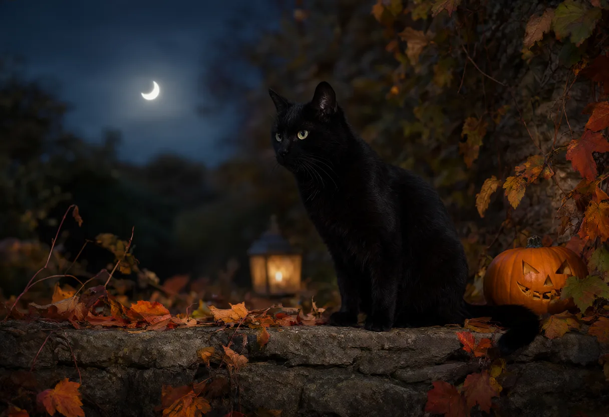 A black cat sitting on a stone wall beside a carved pumpkin in a moonlit autumn garden. (AI-generated)