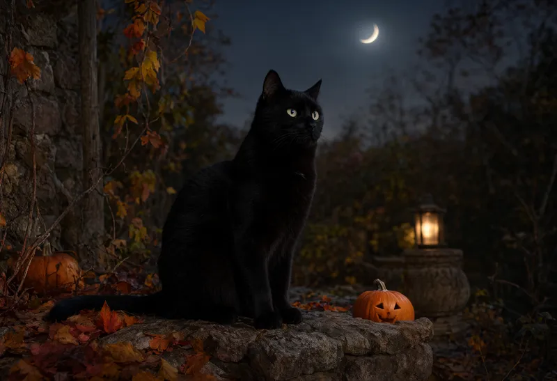 A black cat sitting on a stone wall beside a pumpkin and glowing lantern under a crescent moon. (AI-generated)