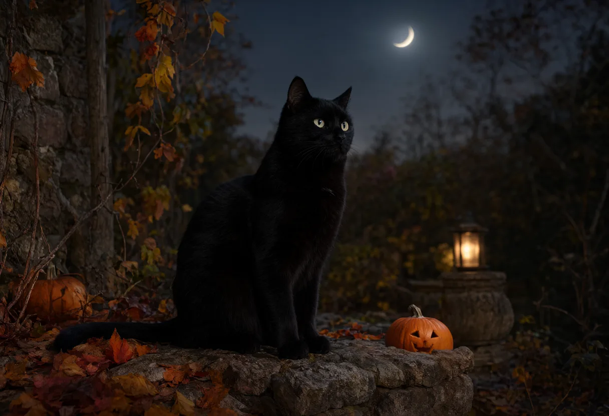 A black cat sitting on a stone wall beside a pumpkin and glowing lantern under a crescent moon. (AI-generated)