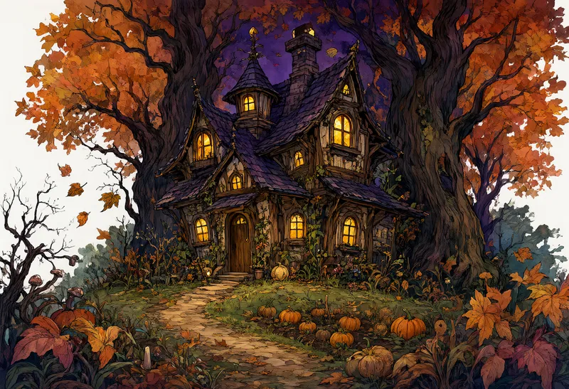 A spooky cottage with glowing windows surrounded by large autumn trees and pumpkins. (AI-generated)
