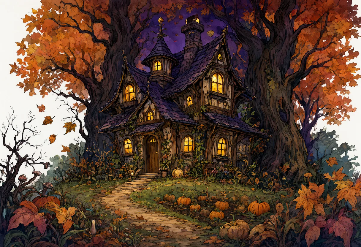 A spooky cottage with glowing windows surrounded by large autumn trees and pumpkins. (AI-generated)