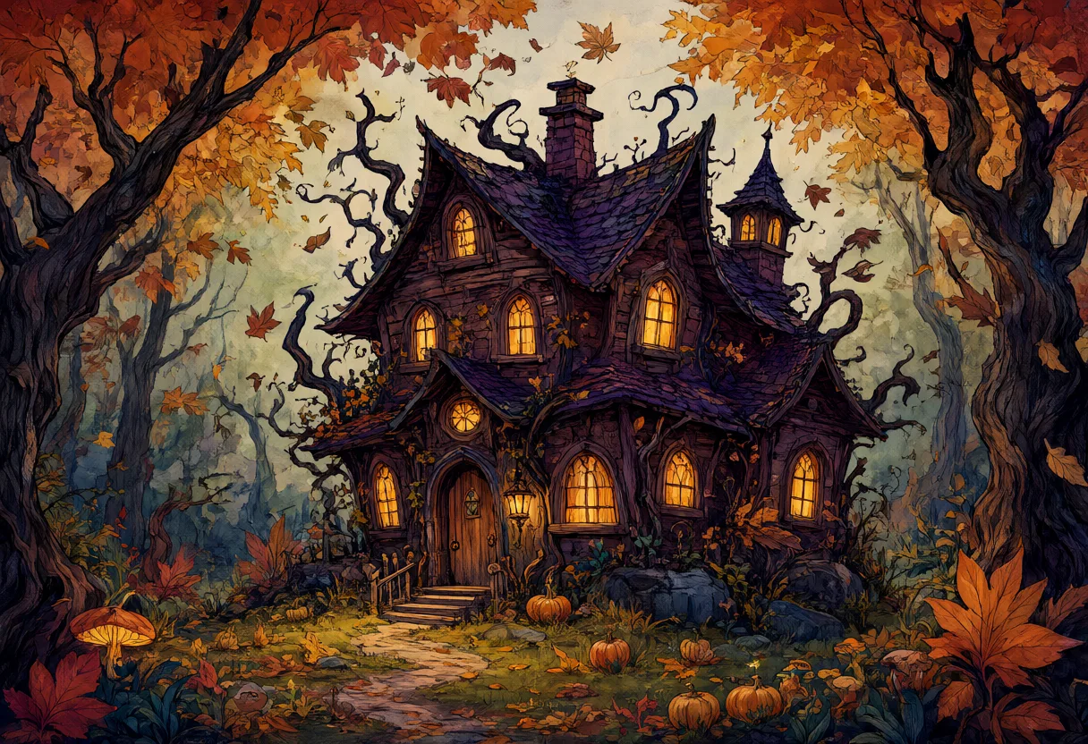 A crooked haunted cottage with glowing windows surrounded by autumn trees and pumpkins. (AI-generated)