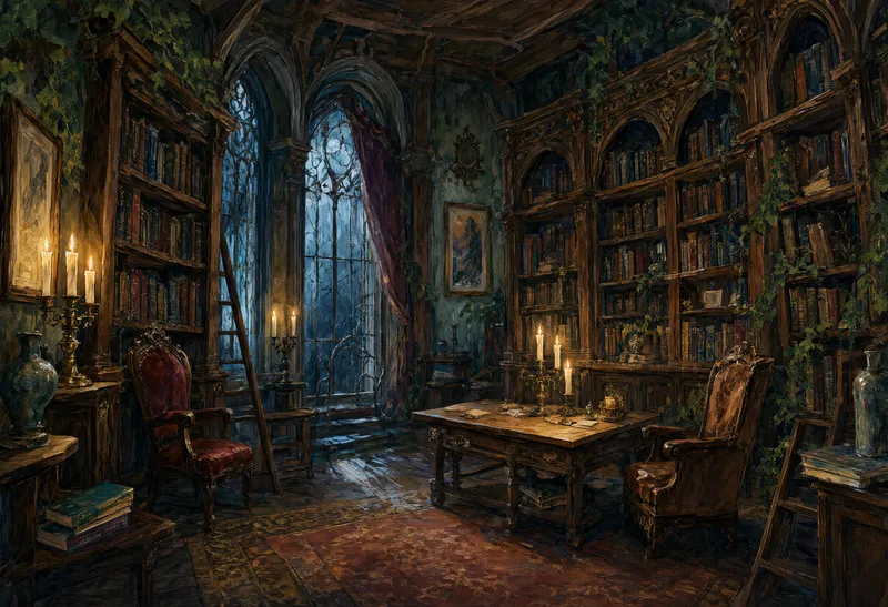 Gothic library with antique bookshelves, wooden furniture, candles, and an arched window. (AI-generated)