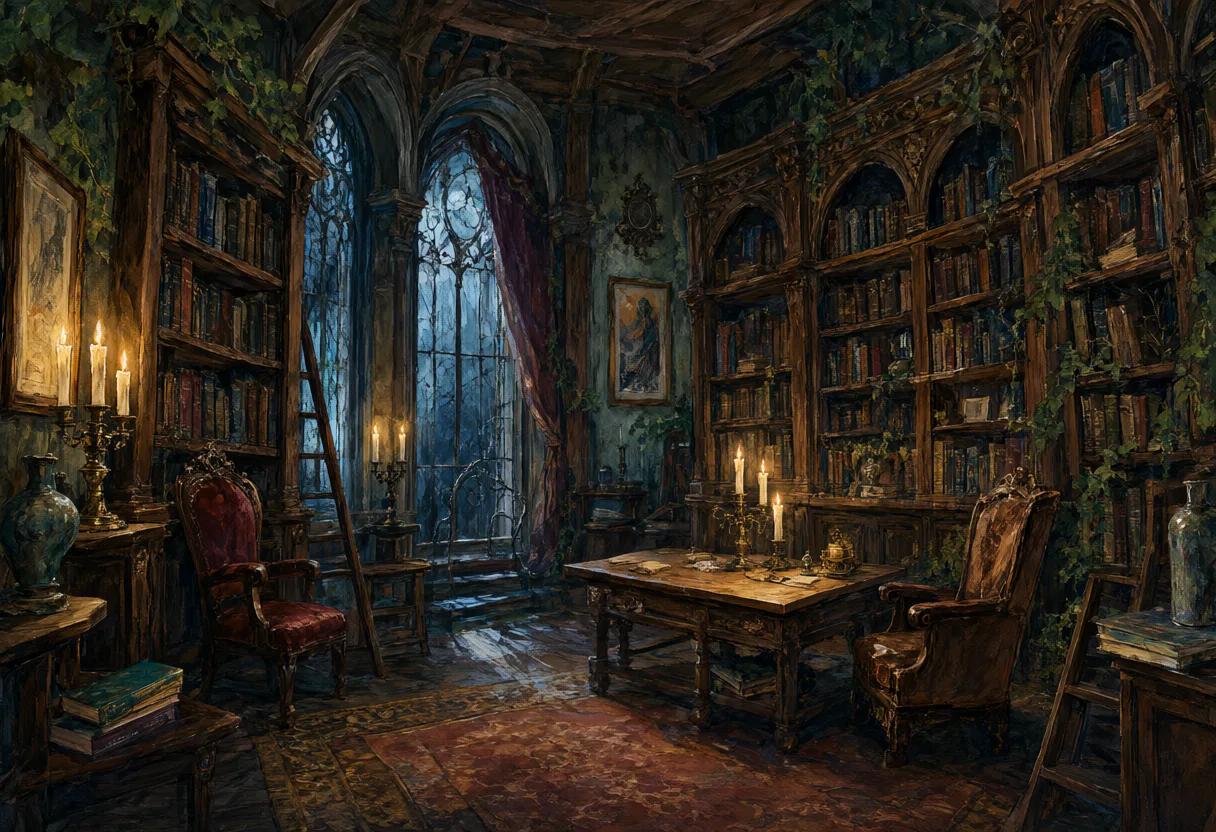Gothic library with antique bookshelves, wooden furniture, candles, and an arched window. (AI-generated)