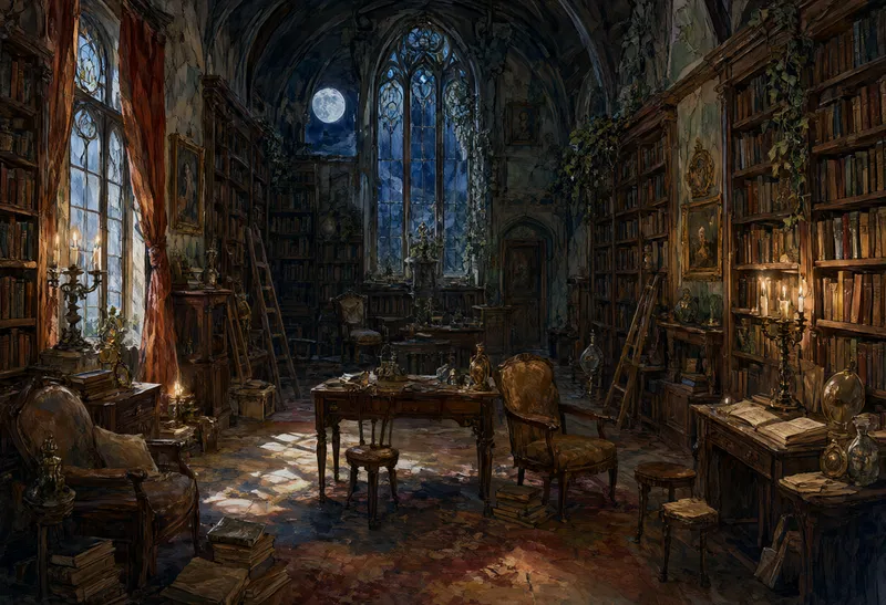 A mysterious gothic library with tall bookshelves, antique furniture, candles, and moonlight shining through arched windows. (AI-generated)