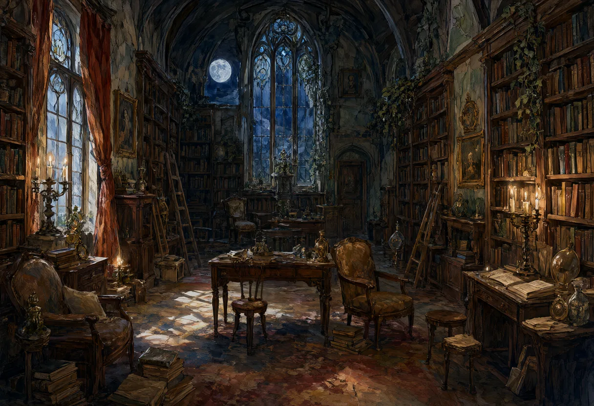 A mysterious gothic library with tall bookshelves, antique furniture, candles, and moonlight shining through arched windows. (AI-generated)