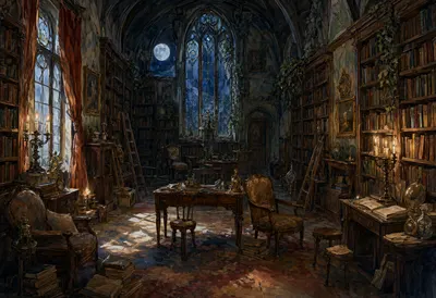 Gothic Library by Moonlight (AI-generated)