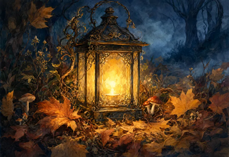 An antique lantern glowing among fallen autumn leaves and mushrooms in a shadowy forest at night. (AI-generated)