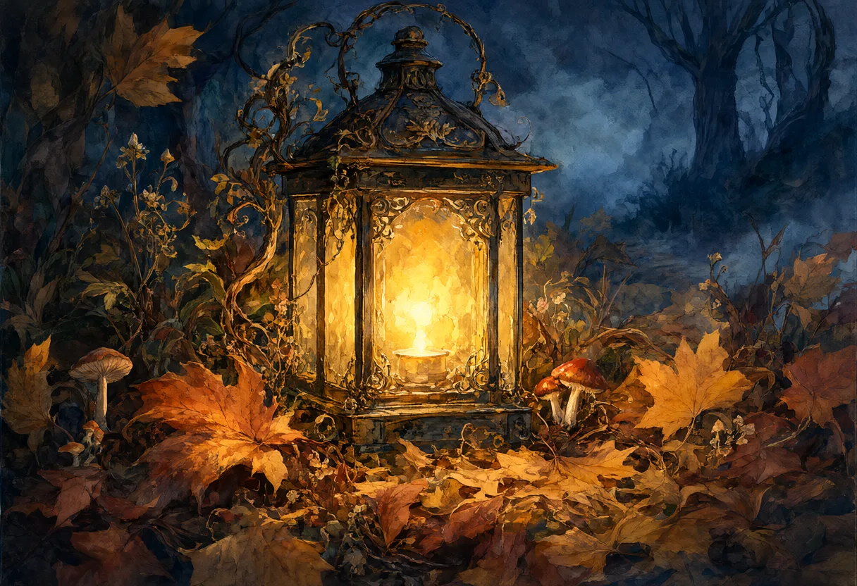 An antique lantern glowing among fallen autumn leaves and mushrooms in a shadowy forest at night. (AI-generated)