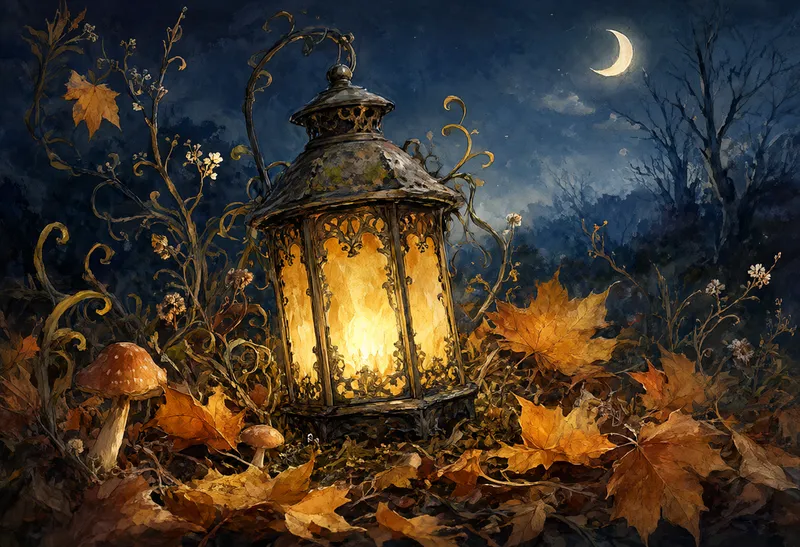 An ornate glowing lantern surrounded by autumn leaves and mushrooms in a dark forest beneath a crescent moon. (AI-generated)